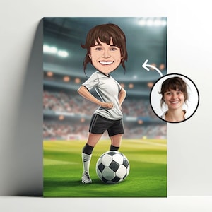 Custom Portrait Cartoon Football Player | Customizable Cartoon Girl Poster, Photo Caricature, Gift Idea for Women Football