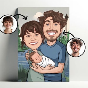 Retrato de nacimiento personalizado | Póster de dibujos animados para recién nacidos personalizable, caricatura fotográfica de bebé, regalo para papá y mamá con bebé