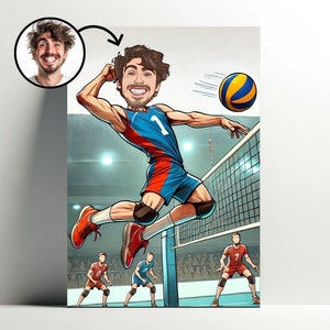 Ritratto personalizzato del giocatore di pallavolo | Poster personalizzabile di cartoni animati di pallavolo, foto di caricatura, decorazione di idee regalo per uomo