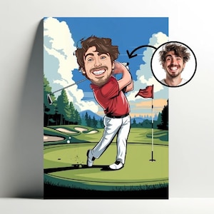 Ritratto personalizzato del golfista | Poster personalizzabile di cartoni animati da golf, foto di caricatura di ragazzo, idea regalo per uomo Decorazione da golf