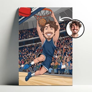 Retrato personalizado del jugador de baloncesto | Póster de dibujos animados de baloncesto personalizable, foto de volcada de caricatura, regalo de baloncesto masculino