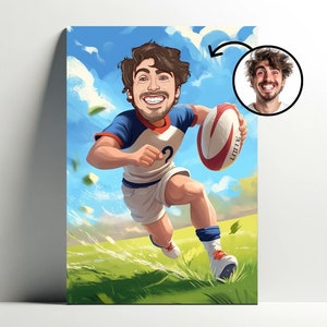 Ritratto personalizzato del giocatore di rugby | Poster personalizzabile di uomo di cartone animato di rugby, caricatura fotografica, idea regalo per ragazzo di rugby