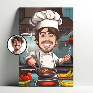 Ritratto personalizzato dello chef | Poster di cartoni animati personalizzabile, foto di caricatura, idea regalo per uomo, decorazione dello chef