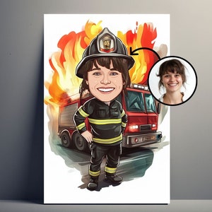 Retrato personalizado de bombero de dibujos animados | Póster de bombero de dibujos animados personalizable, caricatura con foto, idea de regalo para bombero