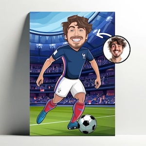 Poster personalizzato del giocatore di football | Ritratto di cartone animato di calcio personalizzabile, caricatura fotografica di ragazzo, idea regalo di calcio maschile