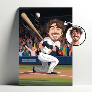 Ritratto personalizzato del giocatore di baseball per uomo | Poster di cartoni animati personalizzabile, foto di caricatura di baseball, regalo di decorazione