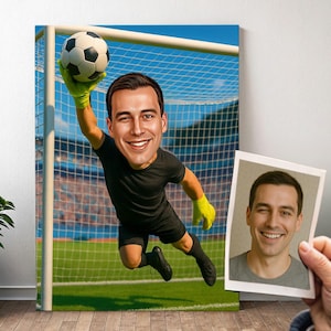 Retrato de portero de fútbol personalizado: caricatura de hombre de dibujos animados con foto, regalo de fútbol para niños | Póster, lienzo, digital