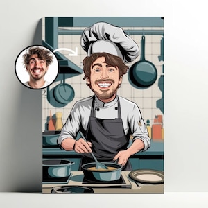 Retrato de chef personalizado | Póster de dibujos animados de cocinero personalizable, caricatura fotográfica, idea de regalo para hombre, decoración de chef