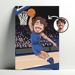 Ritratto personalizzato del giocatore di basket | Poster di cartoni animati di basket personalizzabile, caricatura fotografica, regalo di basket maschile Dunk