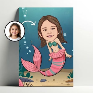 Retrato de sirena personalizado ? Póster infantil de dibujos animados de sirena personalizable, caricatura fotográfica, idea de regalo para decoración de niña