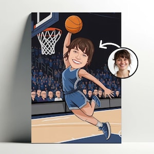 Portrait Personnalisé Joueur de Basketball | Affiche dessin animé Basket Personnalisable, Caricature Dunk Photo, Cadeau Femme Basketball