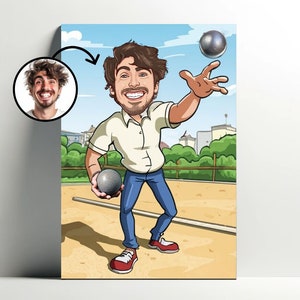 Gepersonaliseerd portret van jeu de boules-speler | Personaliseerbare jeu de boules cartoonposter, fotokarikatuur, cadeau-idee voor heren decoratie