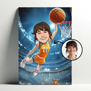 Personalized Portrait Female Basketball Player | Customizable Basketball Cartoon Poster, Photo Caricature, Gift Idea for Girl