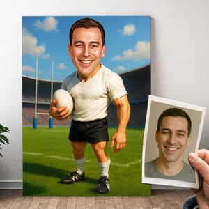 Custom Rugby Player Portrait - Cartoon Boy Caricature with Photo, Funny Rugby Gift for Men | Poster, Canvas, Digital