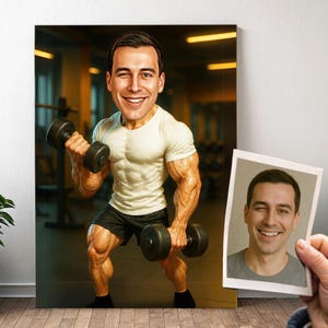 Ritratto di culturista personalizzato - Caricatura di un uomo in stile cartone animato con foto, divertente regalo di culturista per ragazzo | Poster, tela, digitale