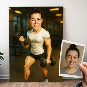Custom Bodybuilding Portrait - Cartoon Woman Caricature with Photo, Funny Bodybuilding Gift for Girl | Poster, Canvas, Digital