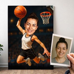 Ritratto personalizzato di un giocatore di basket - Caricatura di un cartone animato di Dunk con foto, regalo di basket per ragazze | Poster, tela, digitale