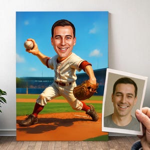 Ritratto di baseball personalizzato - Caricatura di lanciatore maschio con foto, regalo di baseball per ragazzo | Poster, tela, digitale