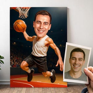 May include: A caricature of a person in a white tank top and black shorts, holding a basketball and jumping in the air. The person is on a basketball court with a hoop in the background.
