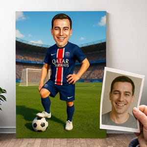 Retrato de fútbol personalizado PARÍS - Caricatura de hombre de dibujos animados con foto, divertido regalo de fútbol para niños | Póster, lienzo, digital