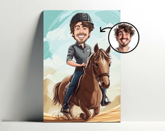 Custom Cartoon Rider Portrait | Customizable Cartoon Horse Riding Poster, Boy Caricature Photo, Gift Idea for Men