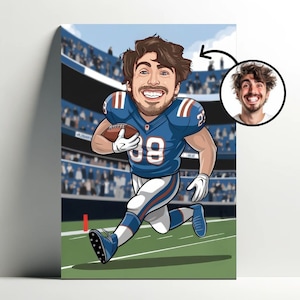 Ritratto personalizzato del giocatore di football americano | Poster di calcio dei cartoni animati NFL personalizzabile, foto di caricatura, regalo per uomini