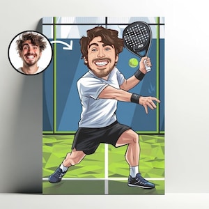 Personalisiertes Porträt des Padel-Spielers | Padel-Cartoon-Poster, personalisierbar, Fotokarikatur, Geschenkidee für Männer, Padel-Dekoration