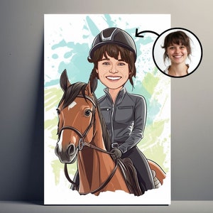 Personalized Cartoon Horsewoman Portrait | Customizable Cartoon Horse Riding Poster, Girl Caricature Photo, Gift Idea for Women