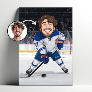 Ritratto personalizzato del giocatore di hockey | Poster personalizzabile di cartoni animati di hockey, caricatura fotografica, idea regalo per uomo di hockey su ghiaccio
