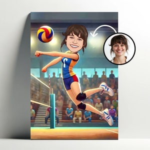 Ritratto personalizzato del giocatore di pallavolo | Poster personalizzabile di cartoni animati di pallavolo, foto di caricatura, decorazione di idee regalo per donne