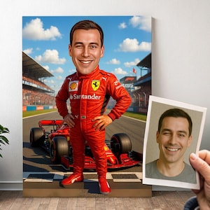 Personalisiertes Formel-1-Fahrerportrait – F1-Cartoon-Karikatur mit Foto, lustiges Formel-1-Geschenk für Jungen | Poster, Leinwand, digital