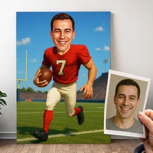Ritratto personalizzato di un giocatore di football americano - Caricatura di un uomo in stile cartone animato con foto, regalo per ragazzo | Poster, tela, digitale