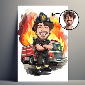 Retrato personalizado de bombero de dibujos animados | Póster personalizable de hombre de dibujos animados, caricatura de bombero con foto, idea de regalo para niño