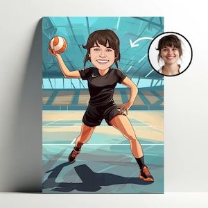 Retrato personalizado de jugador de balonmano | Póster de mujer de dibujos animados personalizable, caricatura fotográfica, idea de regalo para niña, arte de balonmano