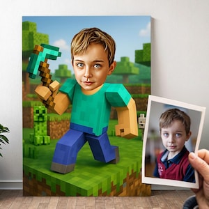 Retrato de jugador de píxeles personalizado | Póster infantil de dibujos animados, caricatura fotográfica, idea de regalo para niño, decoración de videojuegos