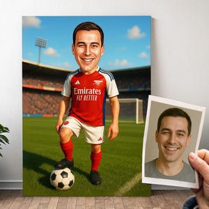 Ritratto di calciatore personalizzato ARSENAL - Caricatura di un uomo dei cartoni animati con foto, divertente regalo di calcio per ragazzi | Poster, tela, digitale