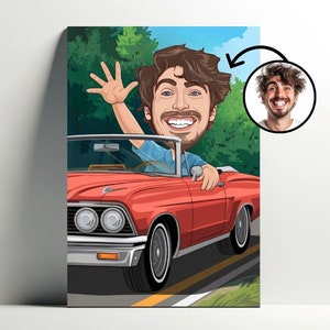 Personalisiertes Fahrerportrait | Anpassbares Auto-Cartoon-Poster, Fotokarikatur, Auto-Geschenk