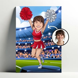 Ritratto personalizzato della cheerleader | Poster di cartoni animati cheerleader personalizzabile, caricatura fotografica, idea regalo per donne, cheerleader