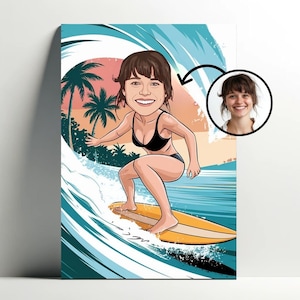 Personalized Surfer Portrait | Customizable Surf Cartoon Poster, Girl Caricature Photo, Gift Idea for Women Surfer Decoration