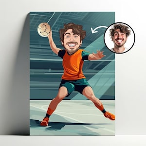 Ritratto personalizzato del giocatore di pallamano maschile | Poster di cartoni animati personalizzabile, caricatura fotografica, idea regalo per ragazzo di pallamano
