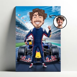 Ritratto personalizzato del pilota F1 | Poster di cartoni animati di Formula 1 personalizzabile, caricatura con foto, idea regalo di cartoni animati di F1