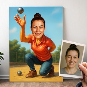 Personalized Petanque Portrait - Cartoon Girl Caricature with Photo, Grandma Petanque Gift | Poster, Canvas, Digital