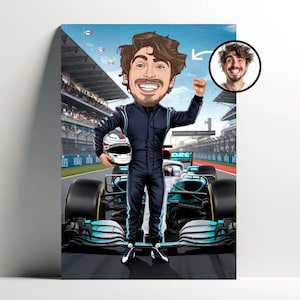 Ritratto personalizzato del pilota di Formula 1 | Poster personalizzabile di cartoni animati di F1, caricatura con foto, idea regalo di cartoni animati di Formula 1