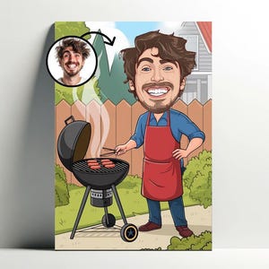 Ritratto di barbecue personalizzato | Poster di cartoni animati personalizzabile, foto caricatura, idea regalo barbecue per papà
