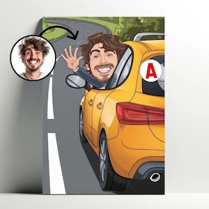 Retrato personalizado de joven conductor | Cartel de dibujos animados de automóviles personalizable, caricatura, licencia de conducir de regalo automotriz