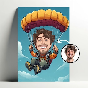 Personalisiertes Fallschirmsprung-Portrait | Personalisierbares Fallschirmspringer-Cartoon-Poster, Fotokarikatur, Geschenkidee zum Fallschirmspringen