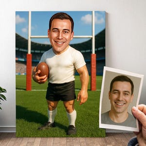 Custom Rugby Player Portrait - Cartoon Man Caricature with Photo, Funny Rugby Boy Gift | Poster, Canvas, Digital