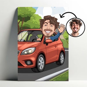 Personalized Driver Portrait | Customizable Car Cartoon Poster, Photo Caricature, Car Driver Automotive Gift
