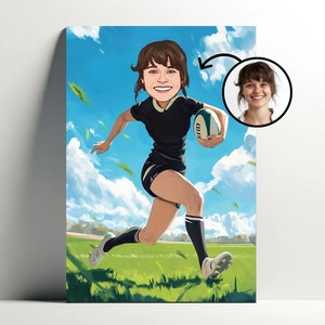 Ritratto personalizzato di giocatrice di rugby | Poster di cartoni animati Rugbyman personalizzabile, caricatura fotografica, idea regalo per Rugby Girl