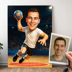 Retrato de jugador de balonmano personalizado - Caricatura de niño de dibujos animados con foto, regalo de balonmano para hombres | Póster, lienzo, digital
